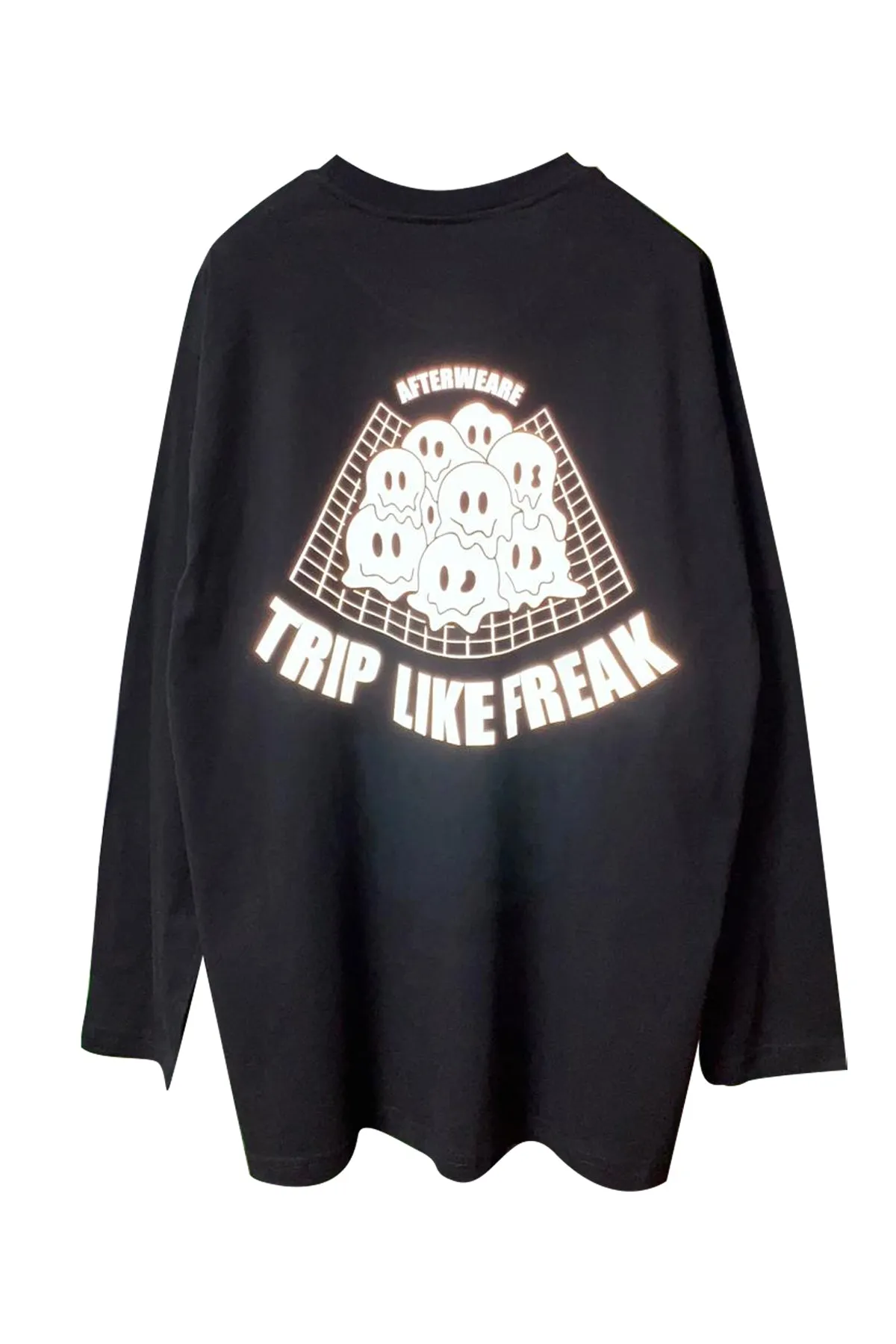 Relaxed Fit Siyah Uzun Kollu Tişört 'TRIP LIKE FREAK' REFLECTIVE