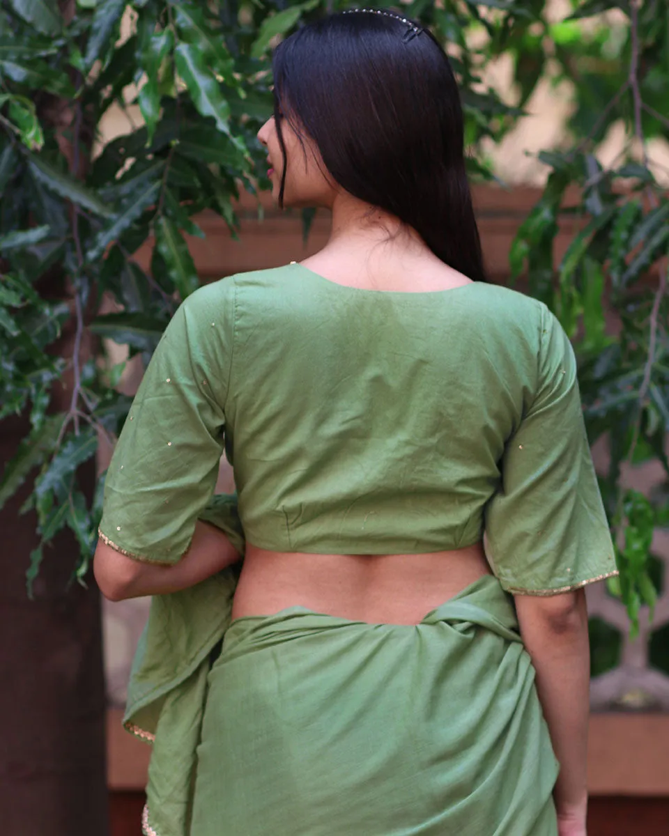 Shimmer Moss Green Mulmul Cotton Blouse - Jugnoo