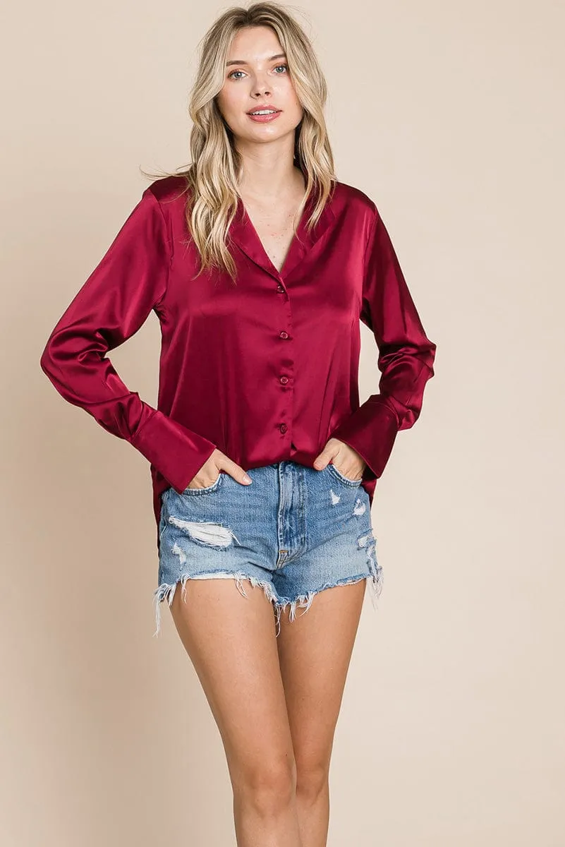 Sleek Collared Satin Button Down Shirt Blouse