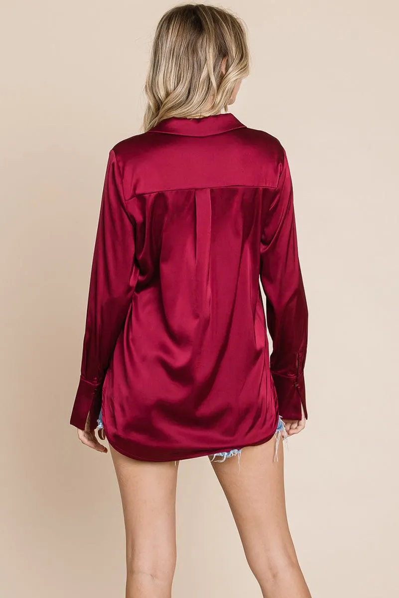 Sleek Collared Satin Button Down Shirt Blouse