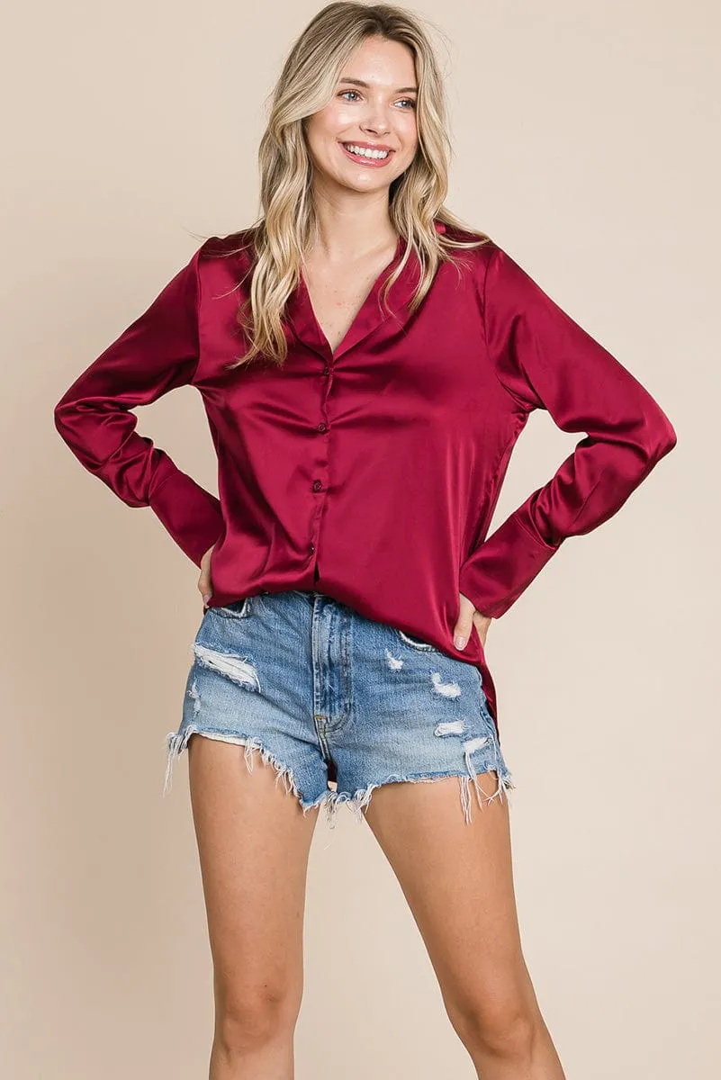 Sleek Collared Satin Button Down Shirt Blouse