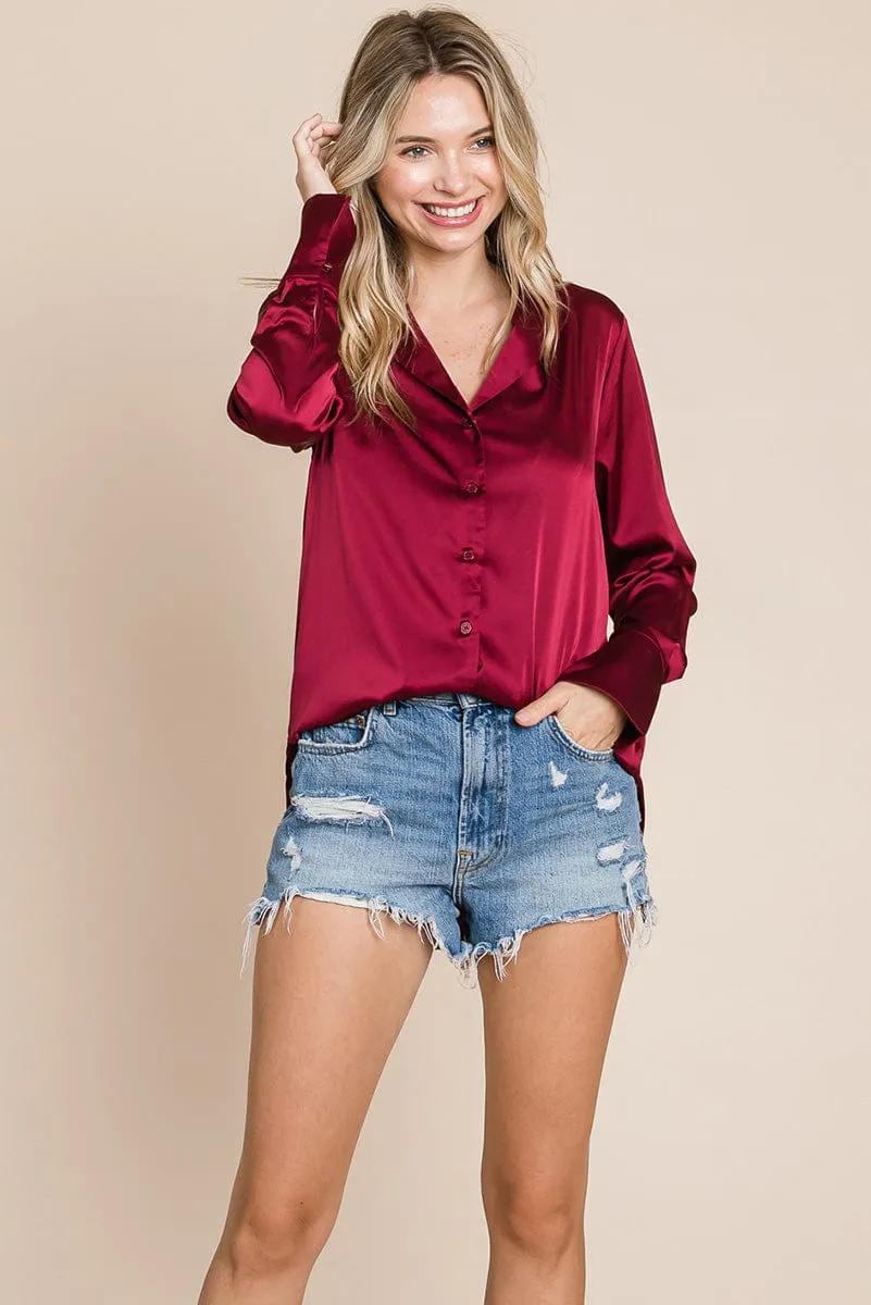 Sleek Collared Satin Button Down Shirt Blouse