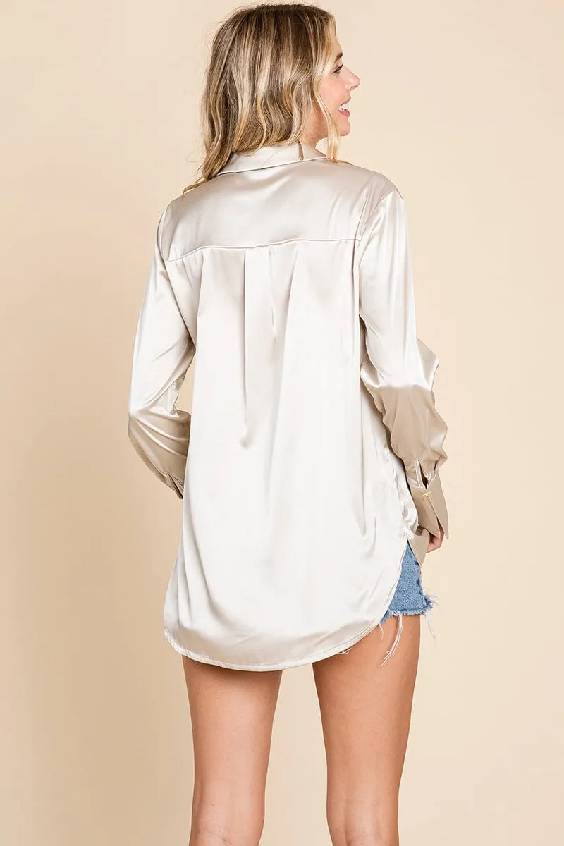 Sleek Collared Satin Button Down Shirt Blouse