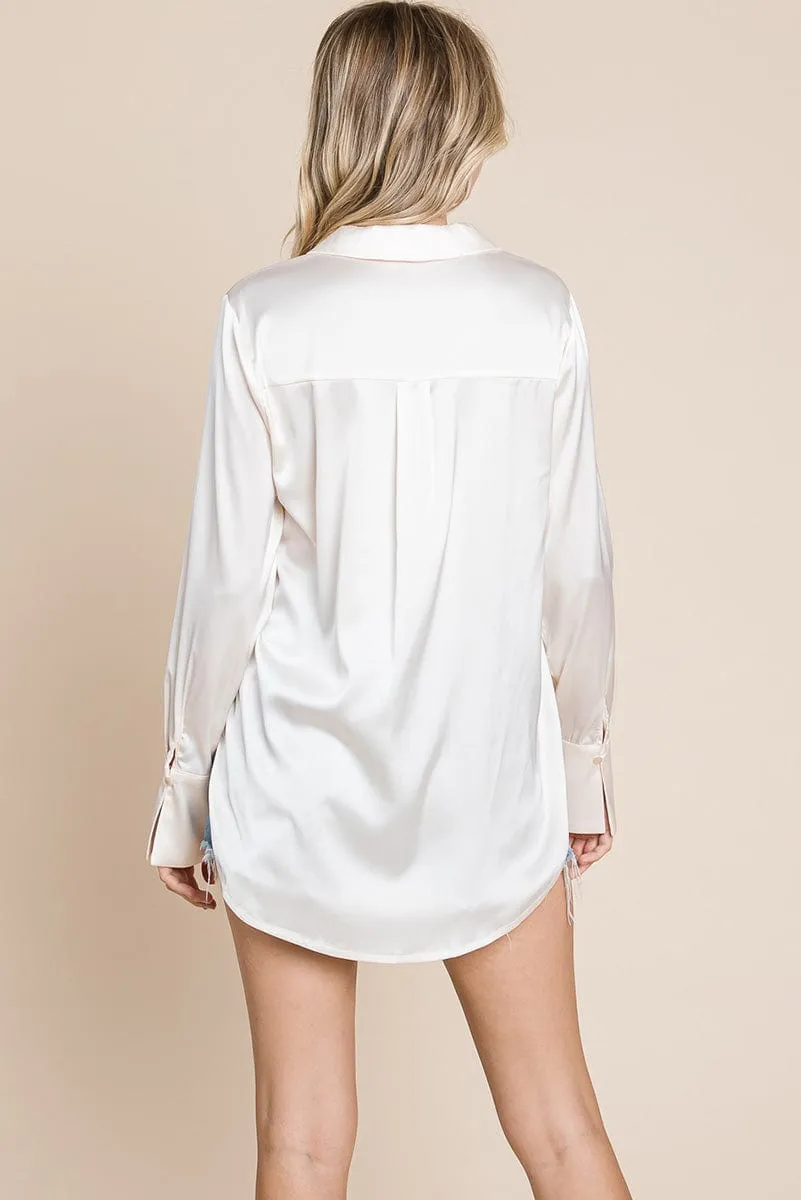 Sleek Collared Satin Button Down Shirt Blouse