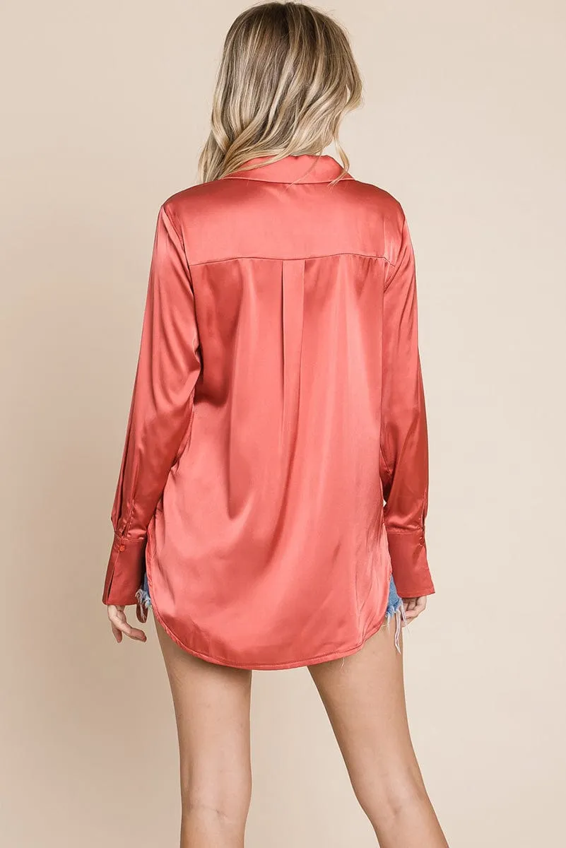 Sleek Collared Satin Button Down Shirt Blouse