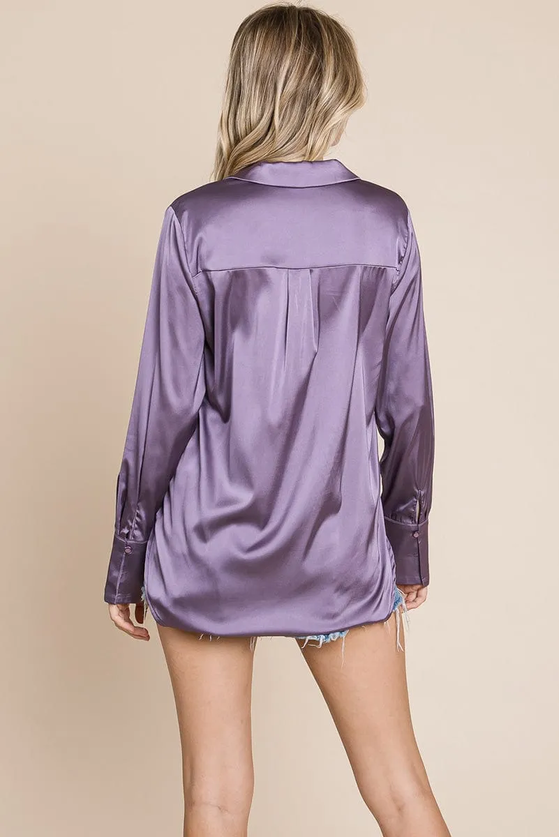 Sleek Collared Satin Button Down Shirt Blouse