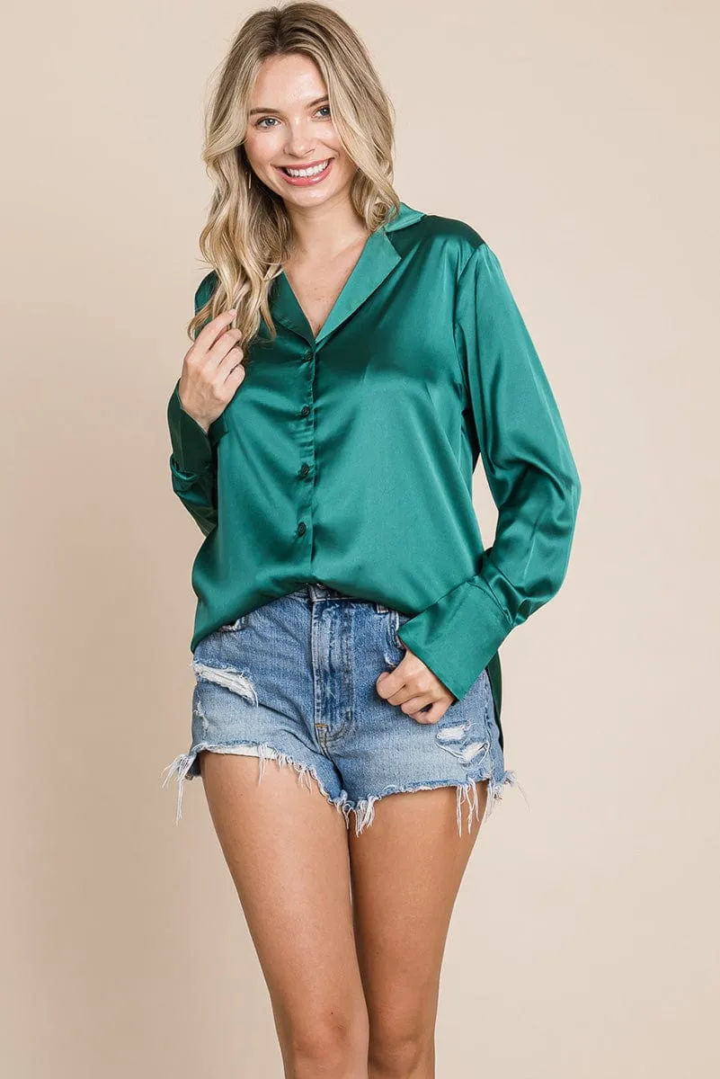 Sleek Collared Satin Button Down Shirt Blouse