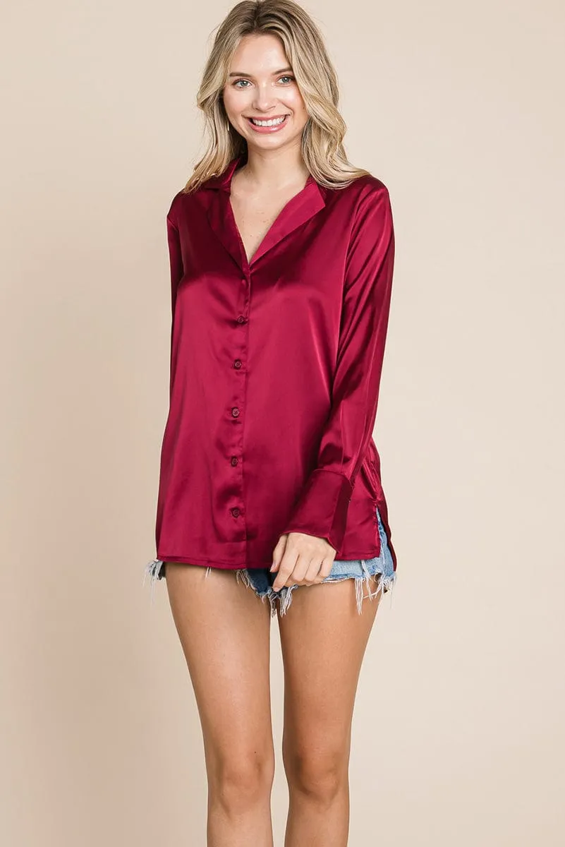 Sleek Collared Satin Button Down Shirt Blouse