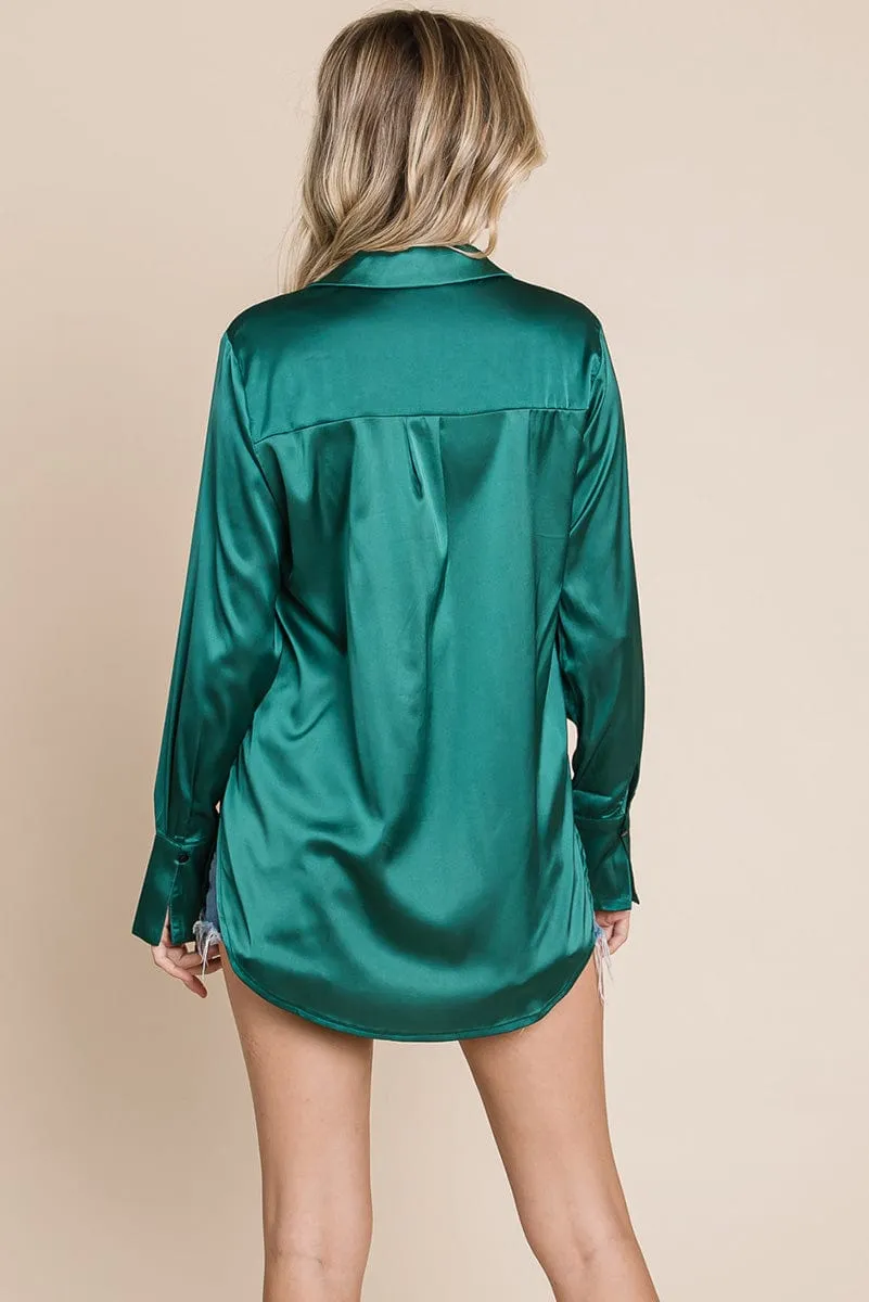 Sleek Collared Satin Button Down Shirt Blouse