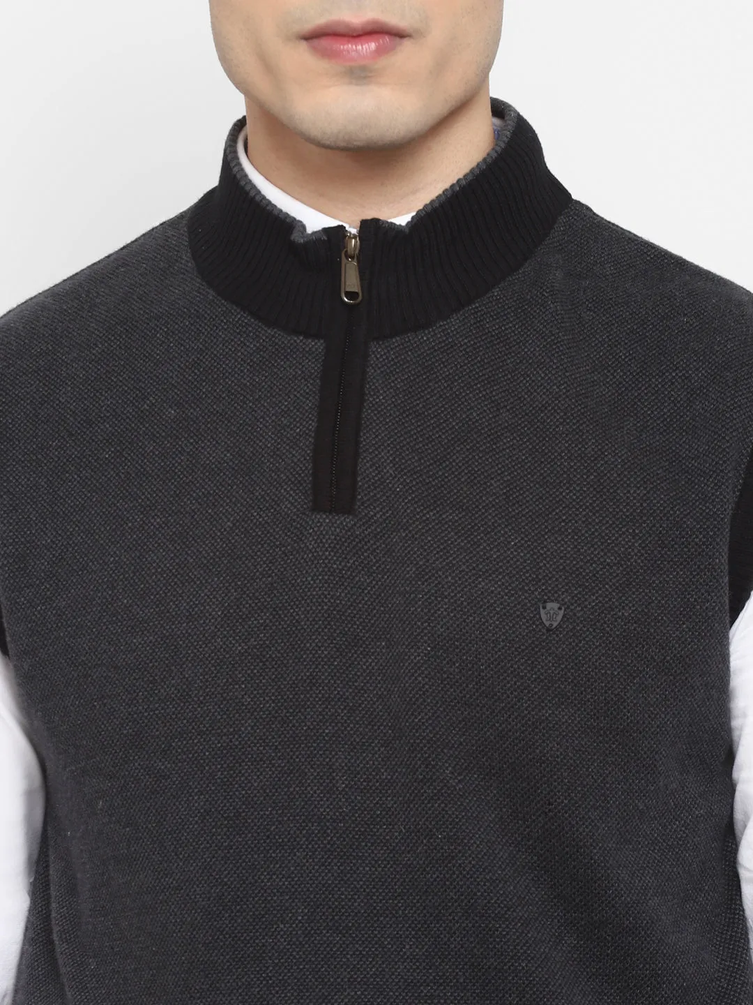 Solid Grey High Neck Sleeveless Sweater for Men