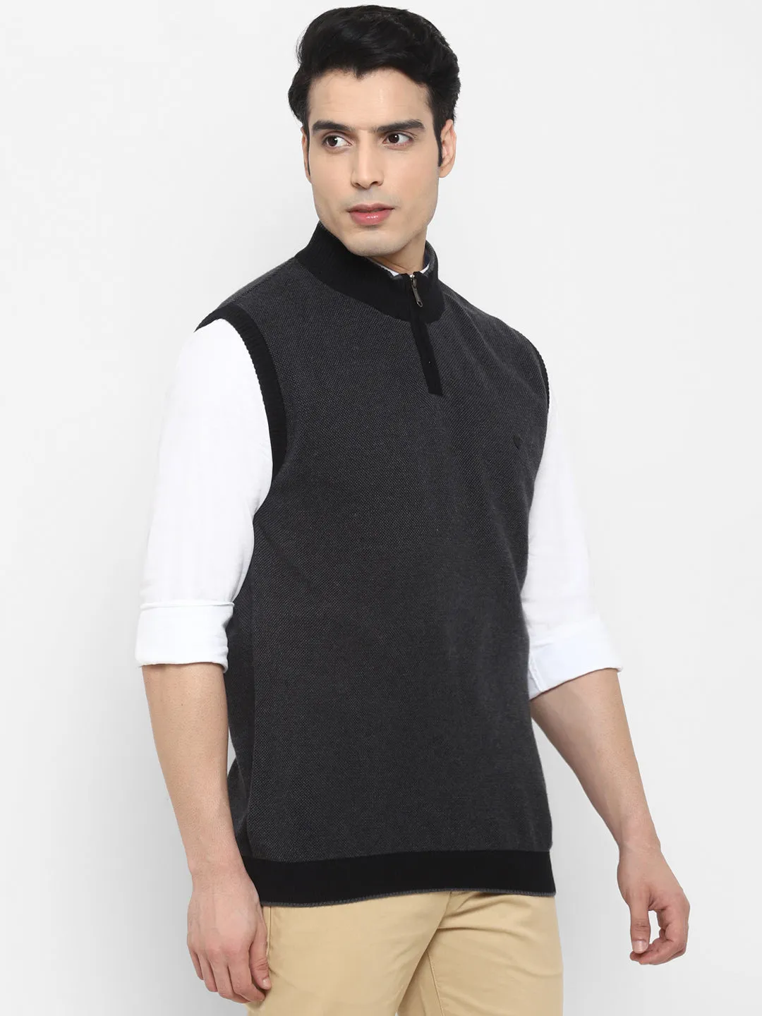 Solid Grey High Neck Sleeveless Sweater for Men