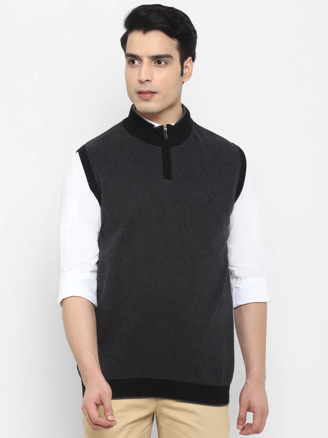 Solid Grey High Neck Sleeveless Sweater for Men