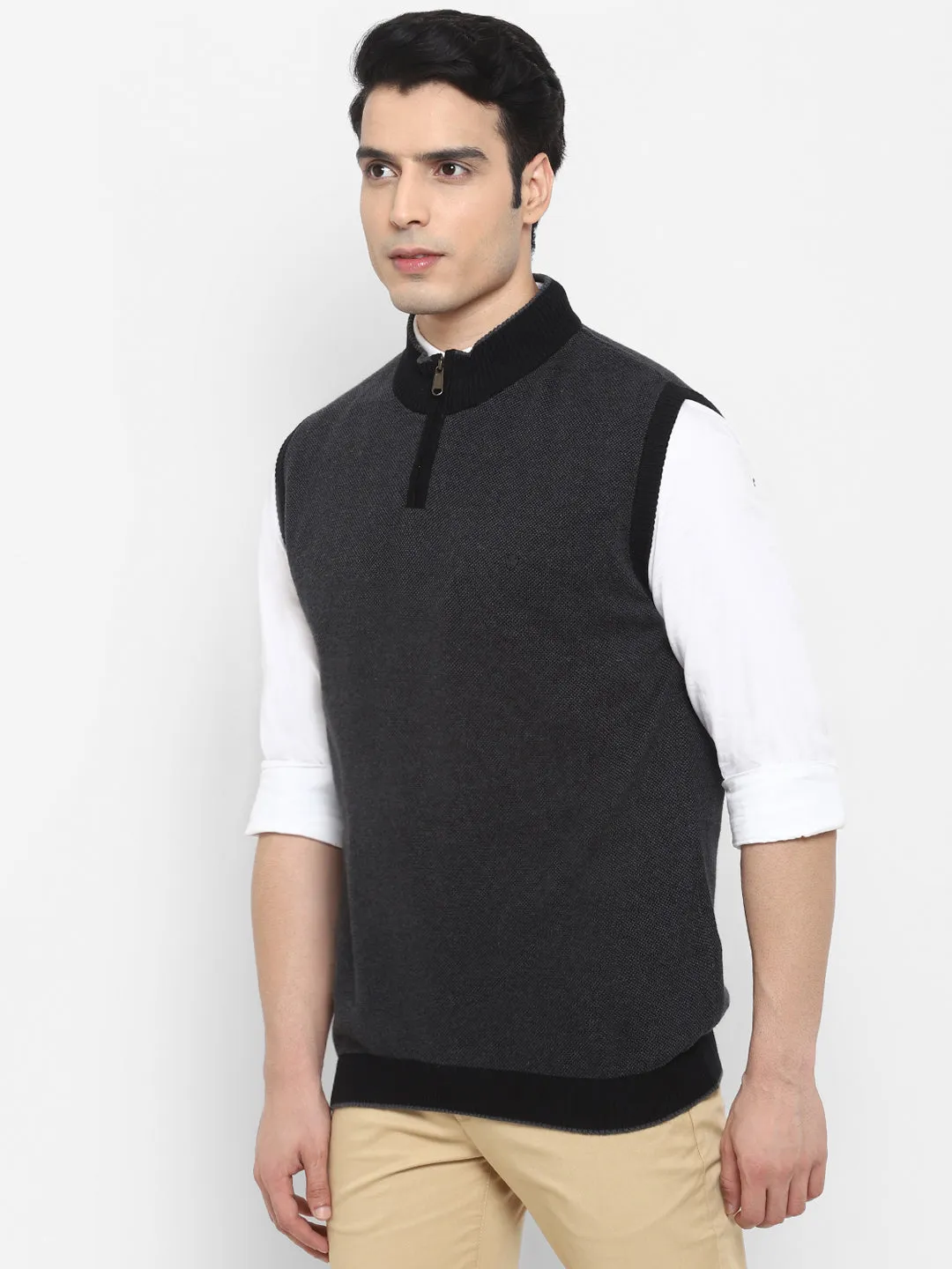 Solid Grey High Neck Sleeveless Sweater for Men