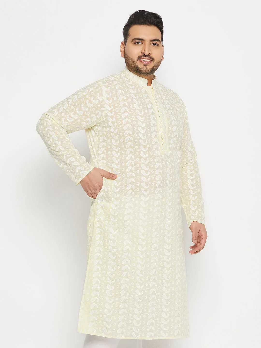 VASTRAMAY Men's Yellow Chikankari Embroidered Kurta