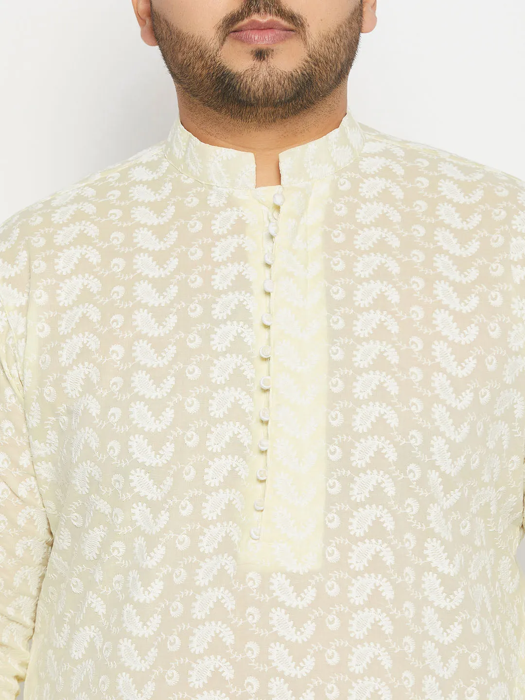 VASTRAMAY Men's Yellow Chikankari Embroidered Kurta