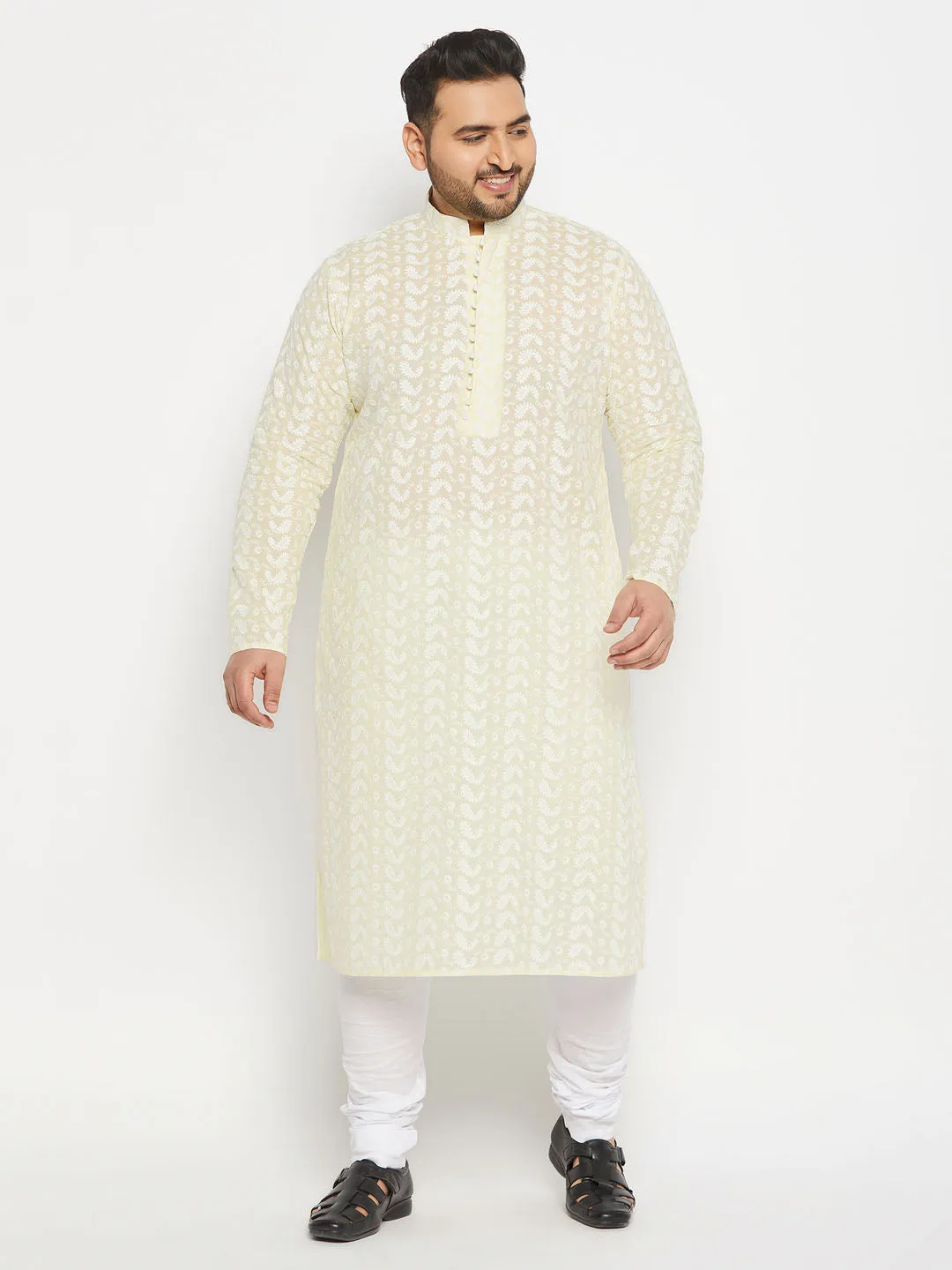 VASTRAMAY Men's Yellow Chikankari Embroidered Kurta