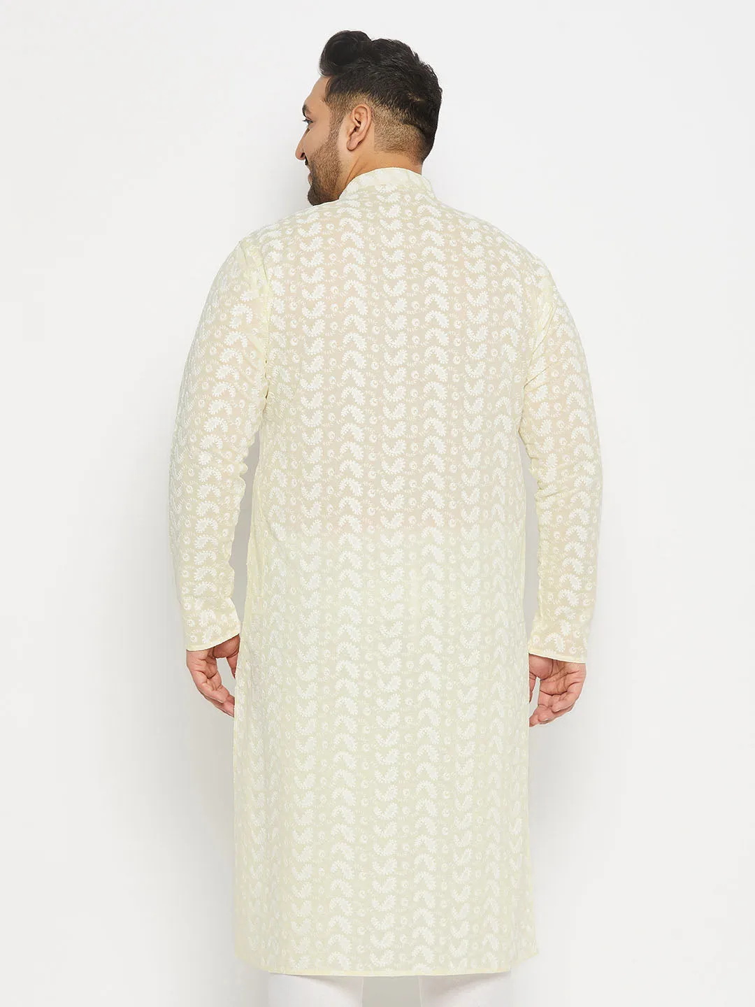 VASTRAMAY Men's Yellow Chikankari Embroidered Kurta