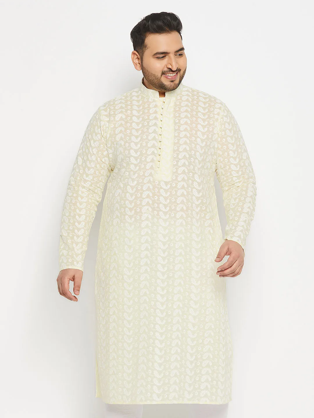 VASTRAMAY Men's Yellow Chikankari Embroidered Kurta