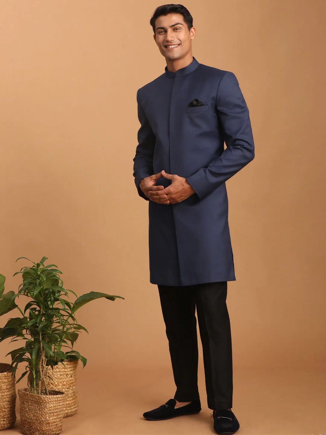 Vastramay Navy Blue Silk Indo Western Set