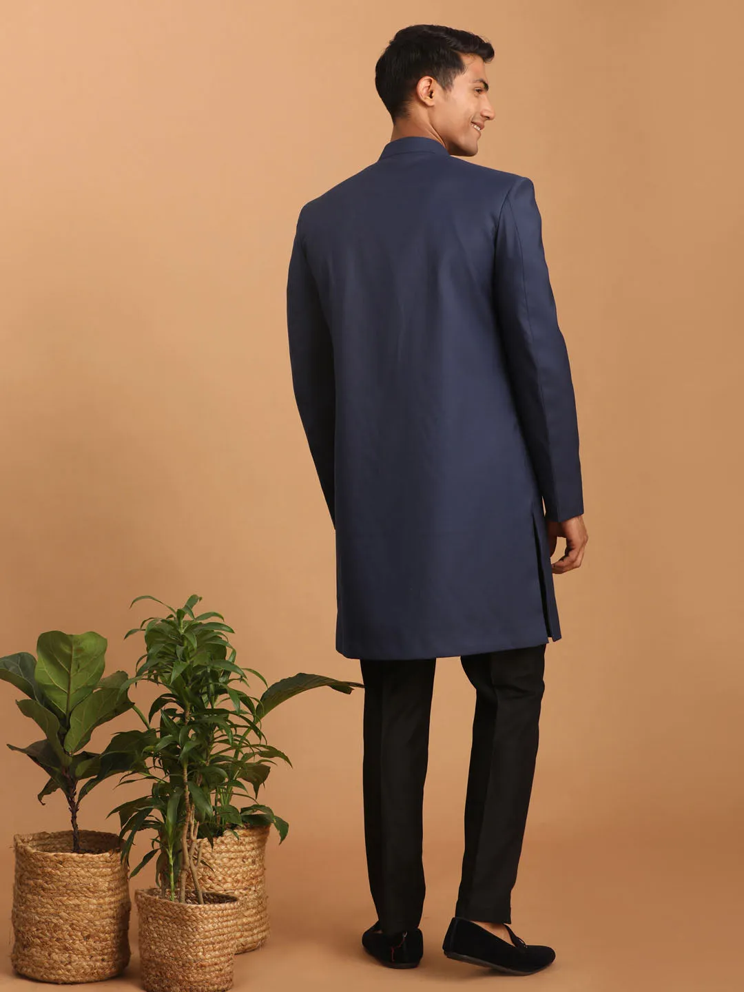 Vastramay Navy Blue Silk Indo Western Set