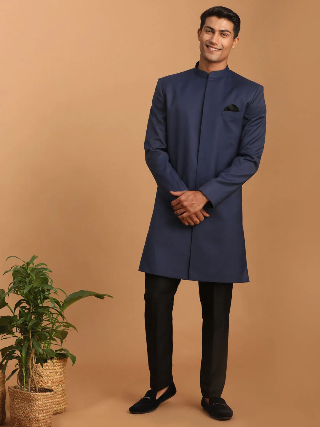 Vastramay Navy Blue Silk Indo Western Set