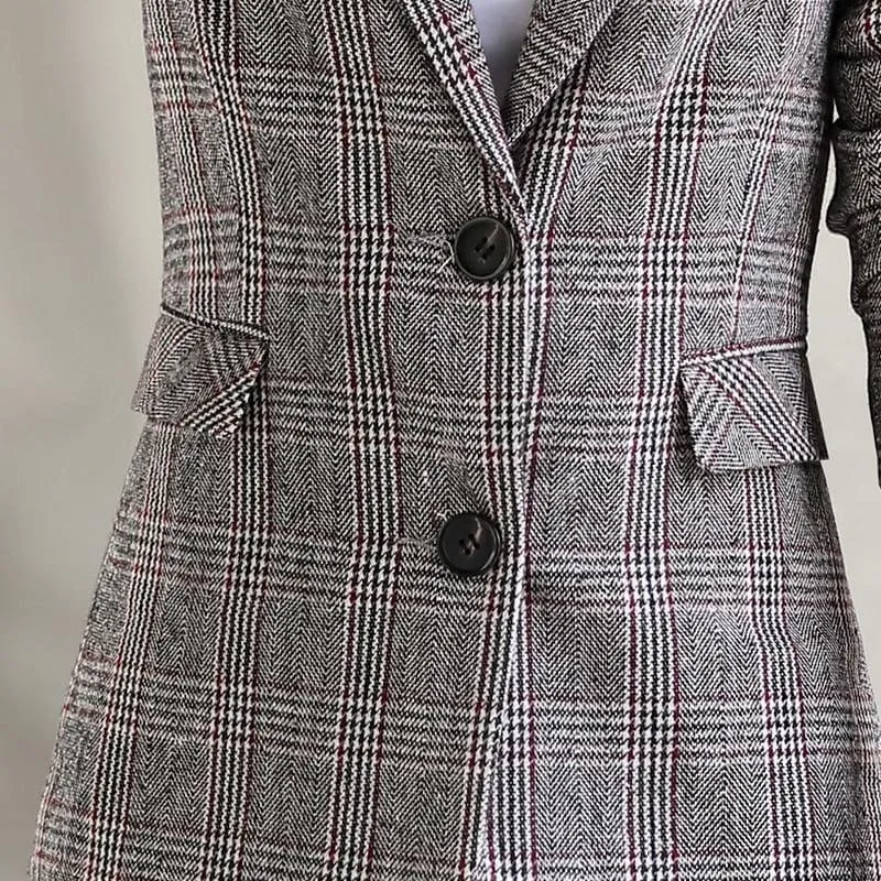 Vintage English Style Plaid Coat with Pockets Two Button Jacket Blazer