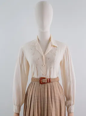 Vintage Ivory Silk Embroidered Cuff Sleeved Blouse