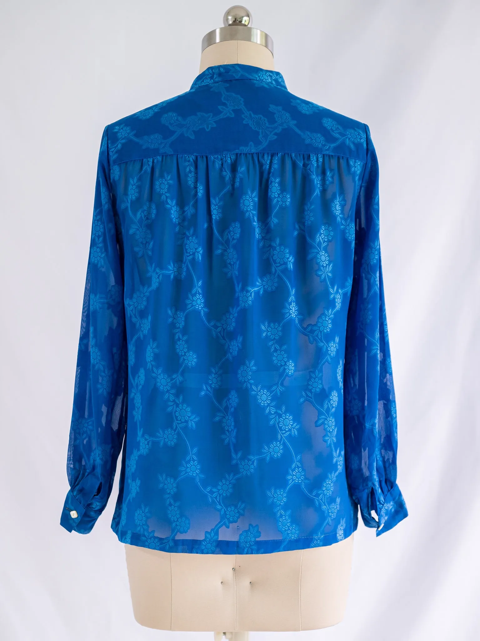 Vintage Mandarin Collar Jacquard Floral Blue Chiffon Blouse