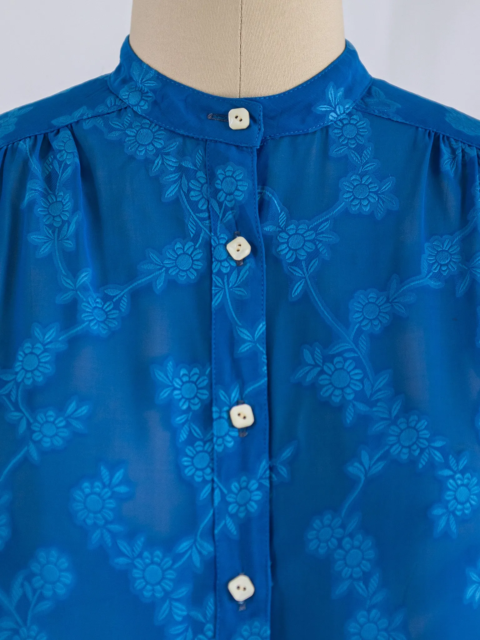 Vintage Mandarin Collar Jacquard Floral Blue Chiffon Blouse