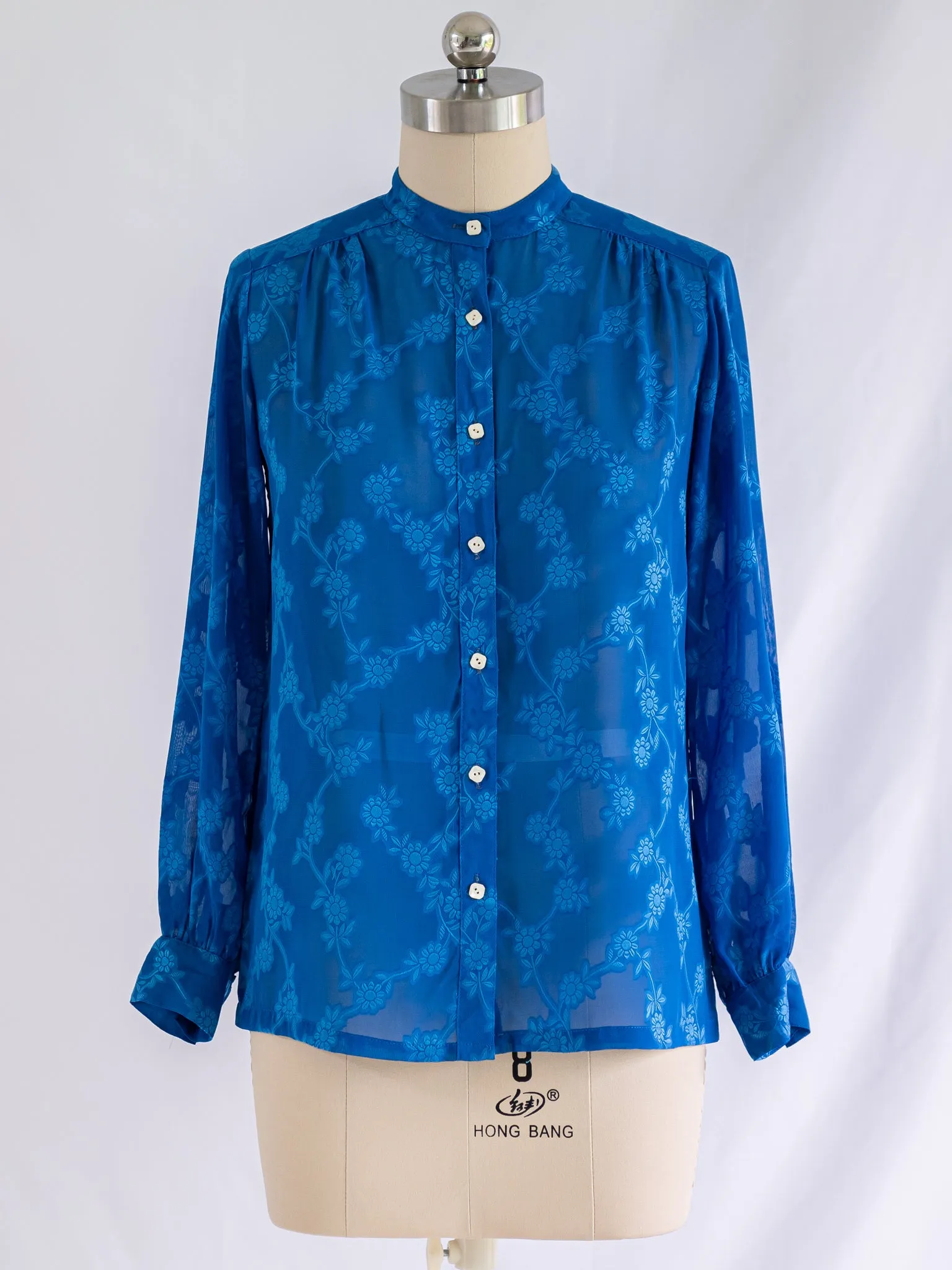 Vintage Mandarin Collar Jacquard Floral Blue Chiffon Blouse