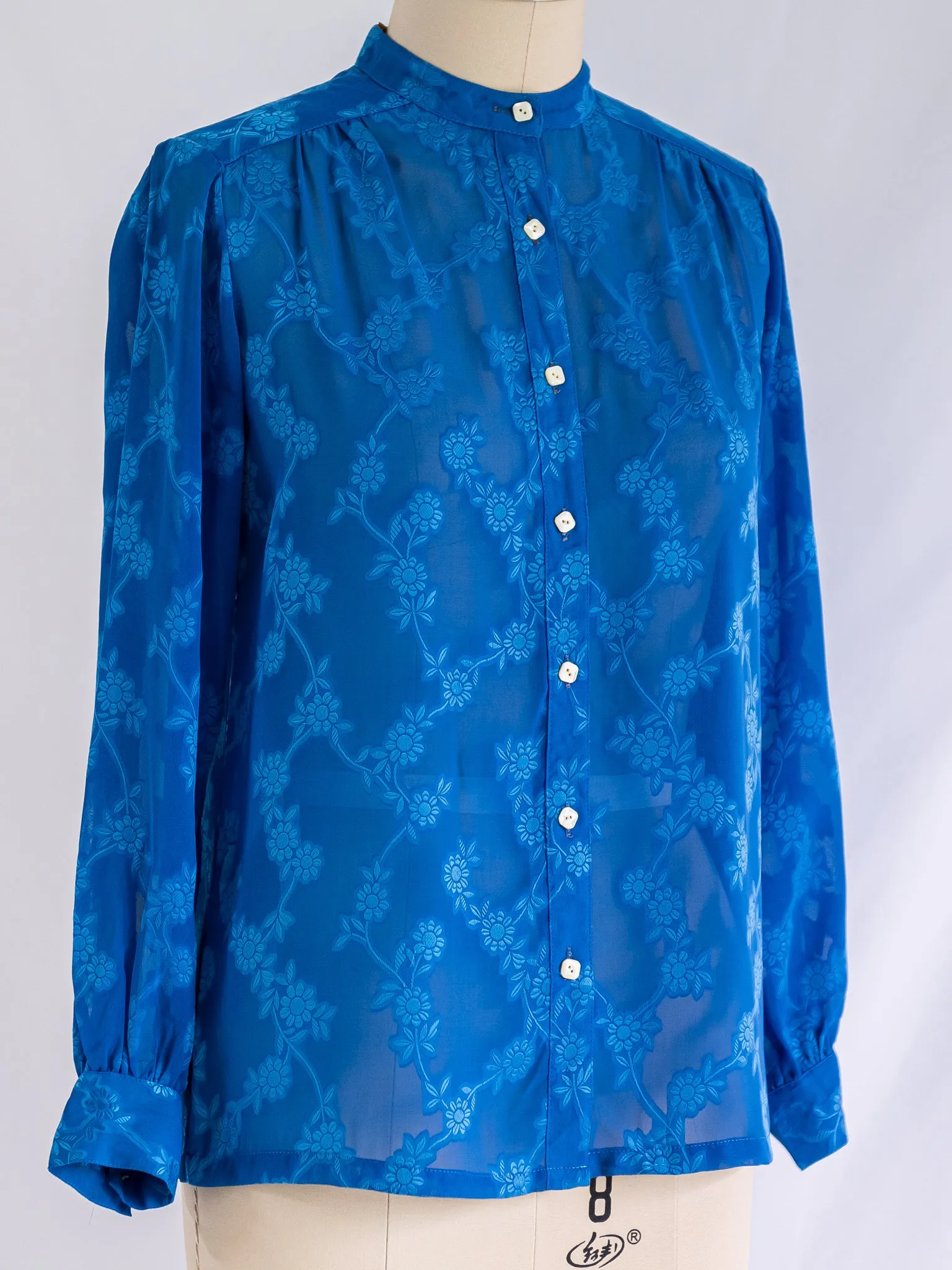 Vintage Mandarin Collar Jacquard Floral Blue Chiffon Blouse