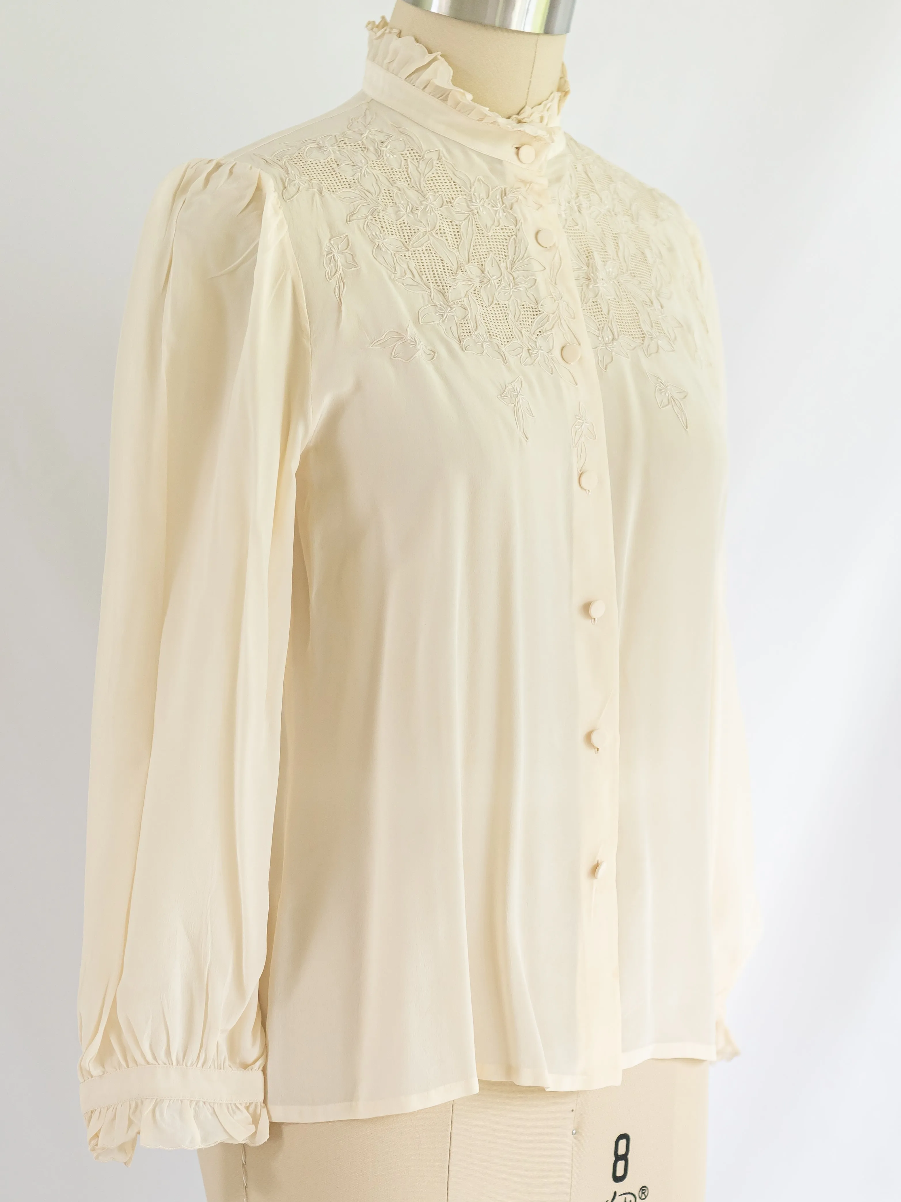 Vintage Ruffle Mock Neck Floral Embroidery Silk Blouse