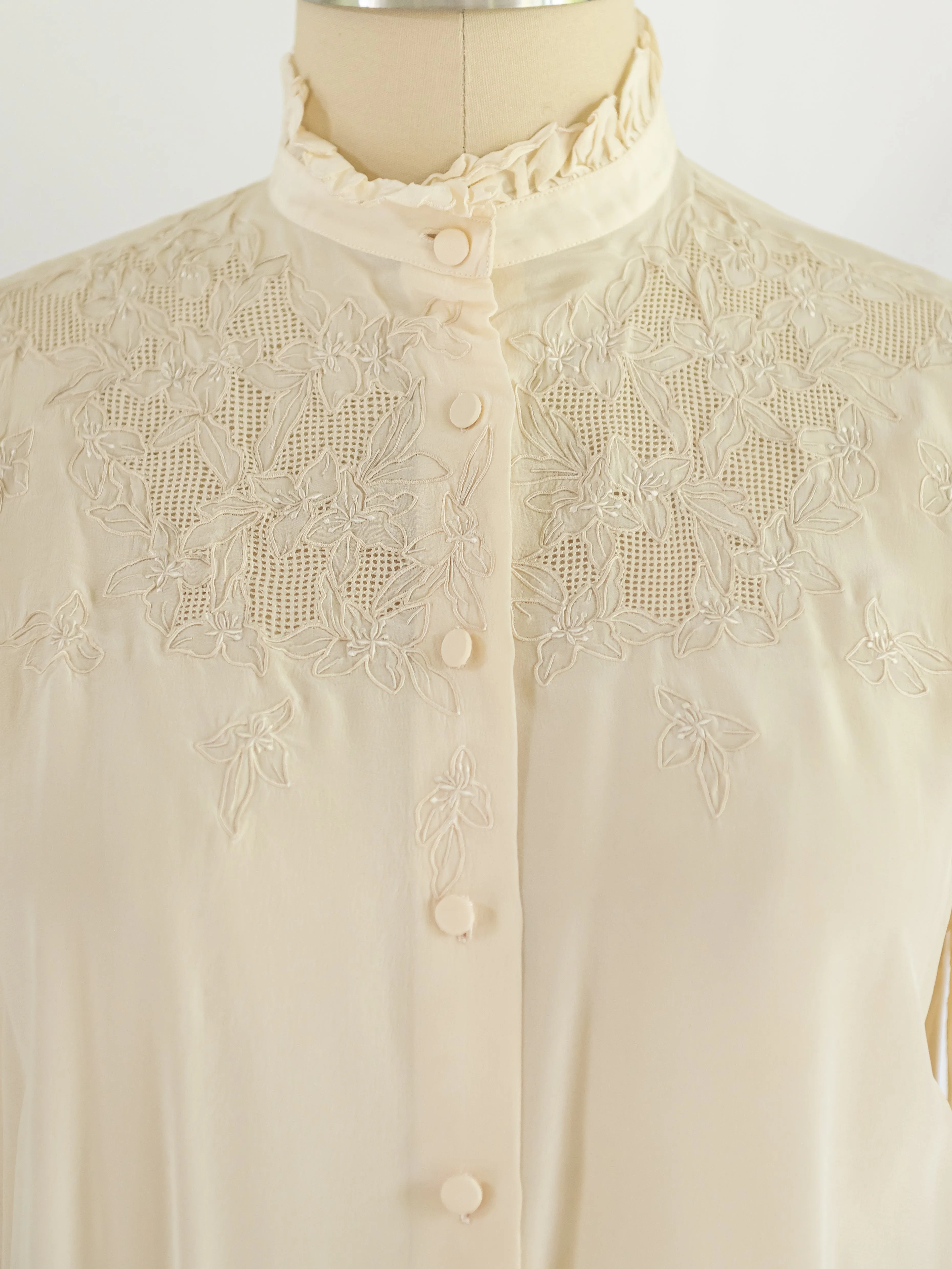 Vintage Ruffle Mock Neck Floral Embroidery Silk Blouse