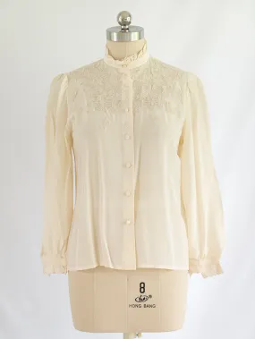 Vintage Ruffle Mock Neck Floral Embroidery Silk Blouse