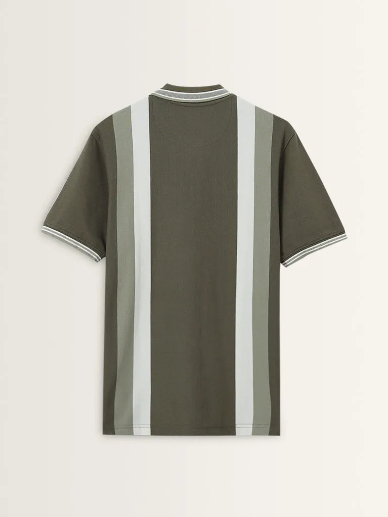 WES Casuals Olive Striped Relaxed-Fit Polo T-Shirt