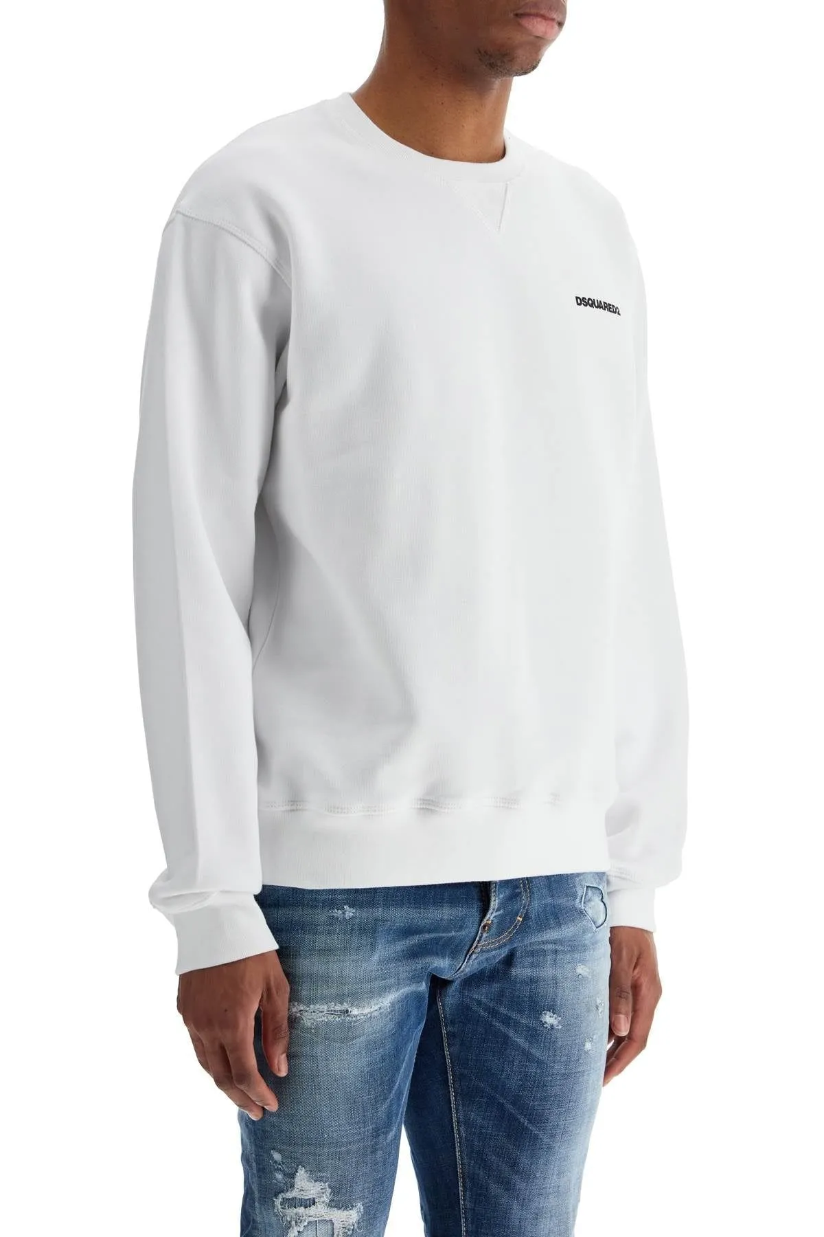 WHITE CREW NECK SWEATSHIRT IN COTTON WITH EMBROIDERED LOGO