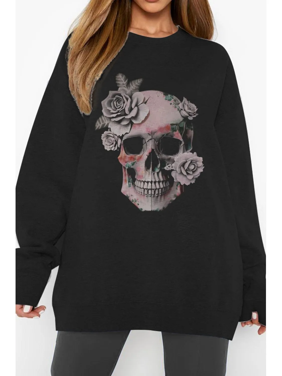 Women Full Size Black Dropped Shoulder SKULL Graphic Sweatshirt