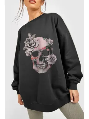 Women Full Size Black Dropped Shoulder SKULL Graphic Sweatshirt