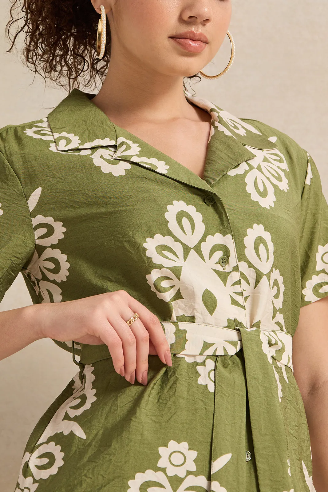 Women Green Printed Tie Shirt