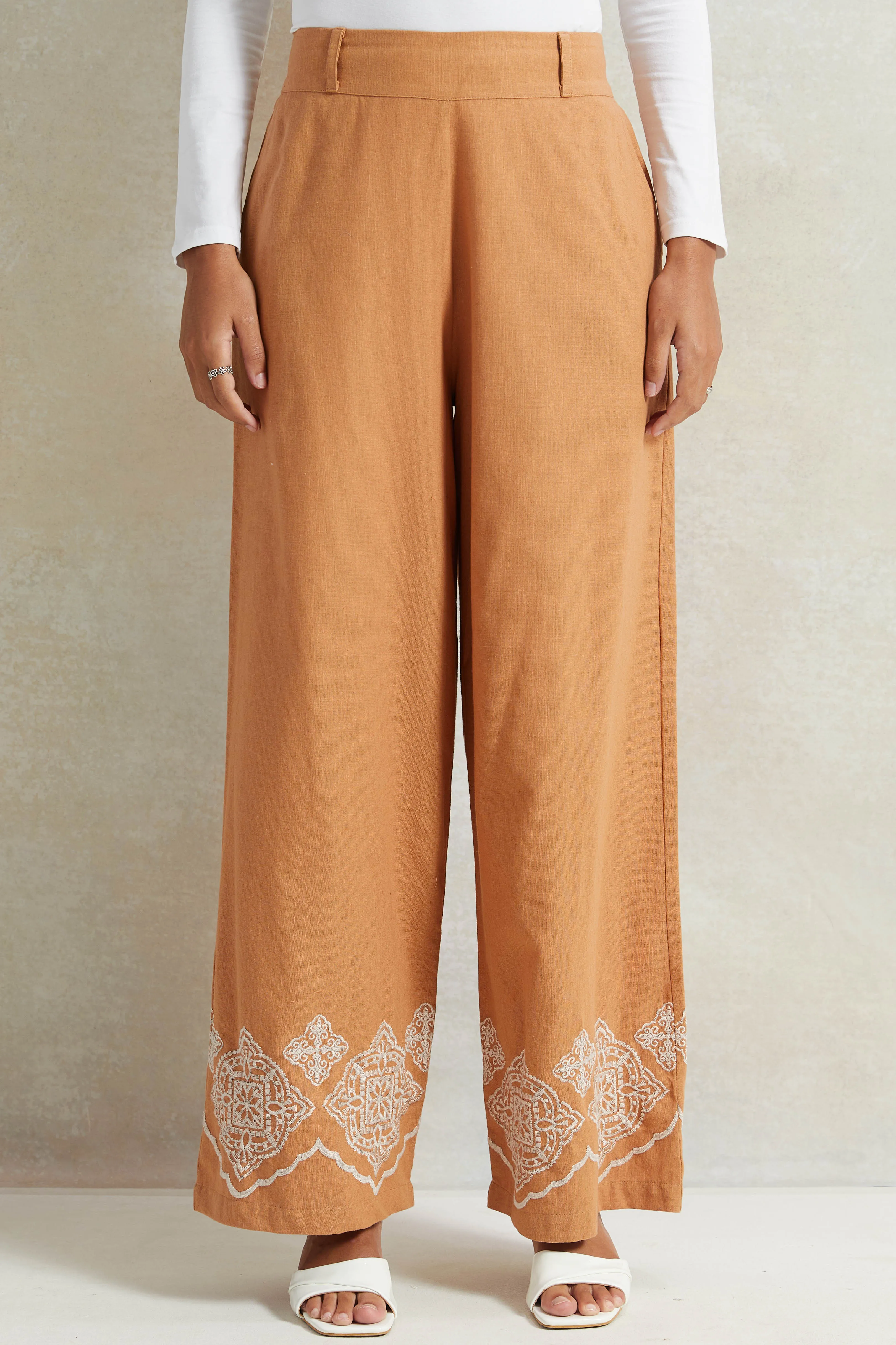 Women Tan Embroidered Wide Leg Trousers