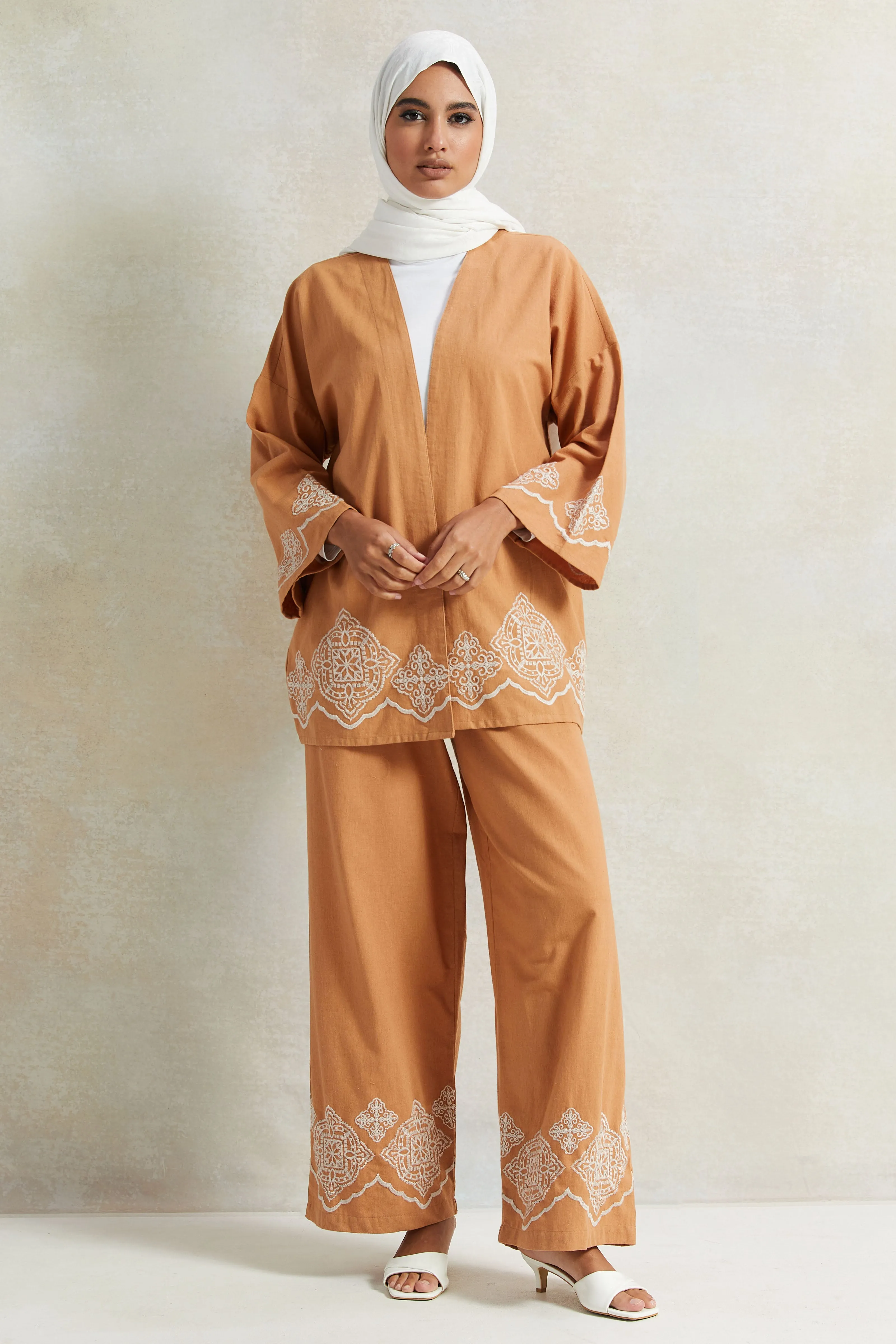 Women Tan Embroidered Wide Leg Trousers