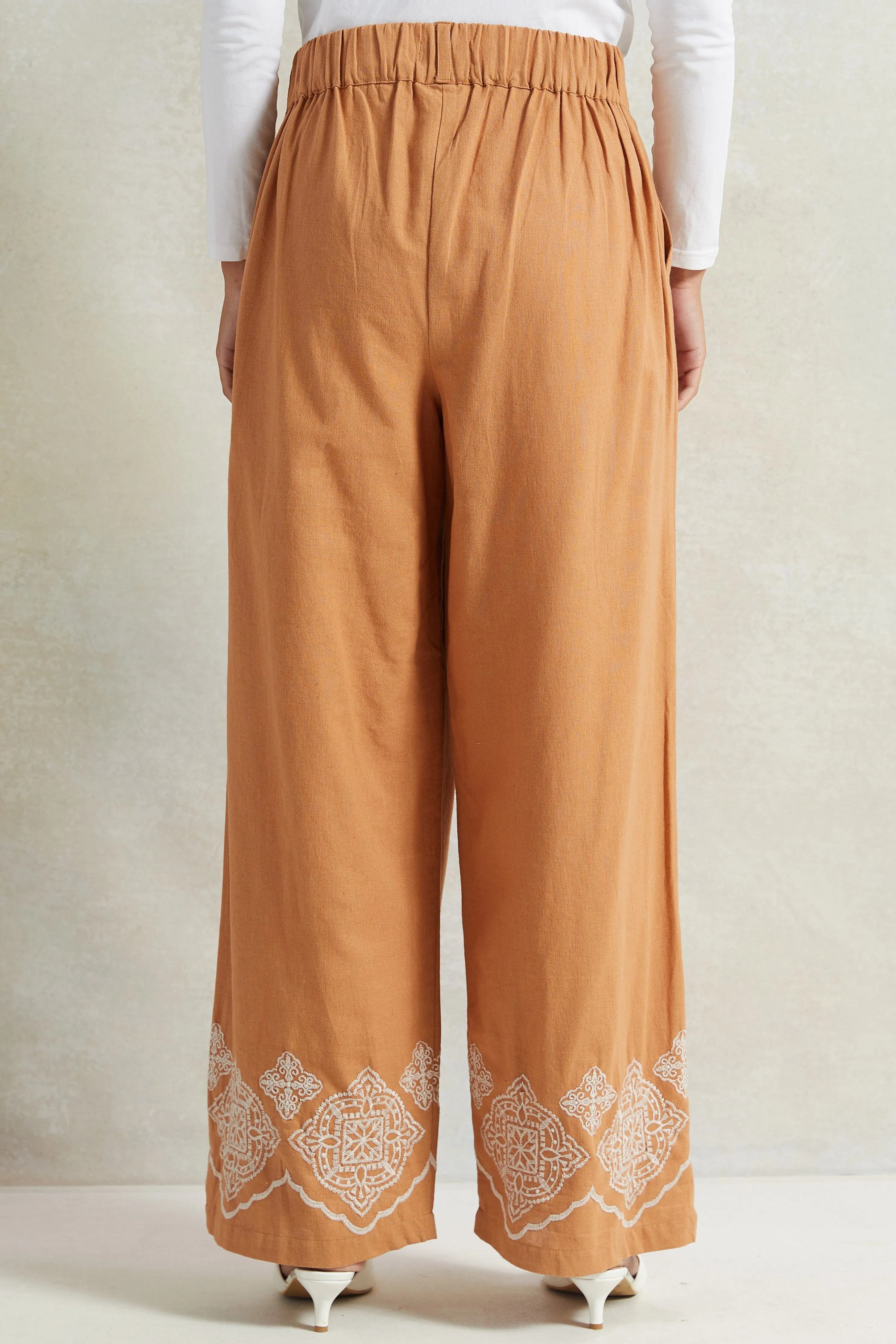 Women Tan Embroidered Wide Leg Trousers