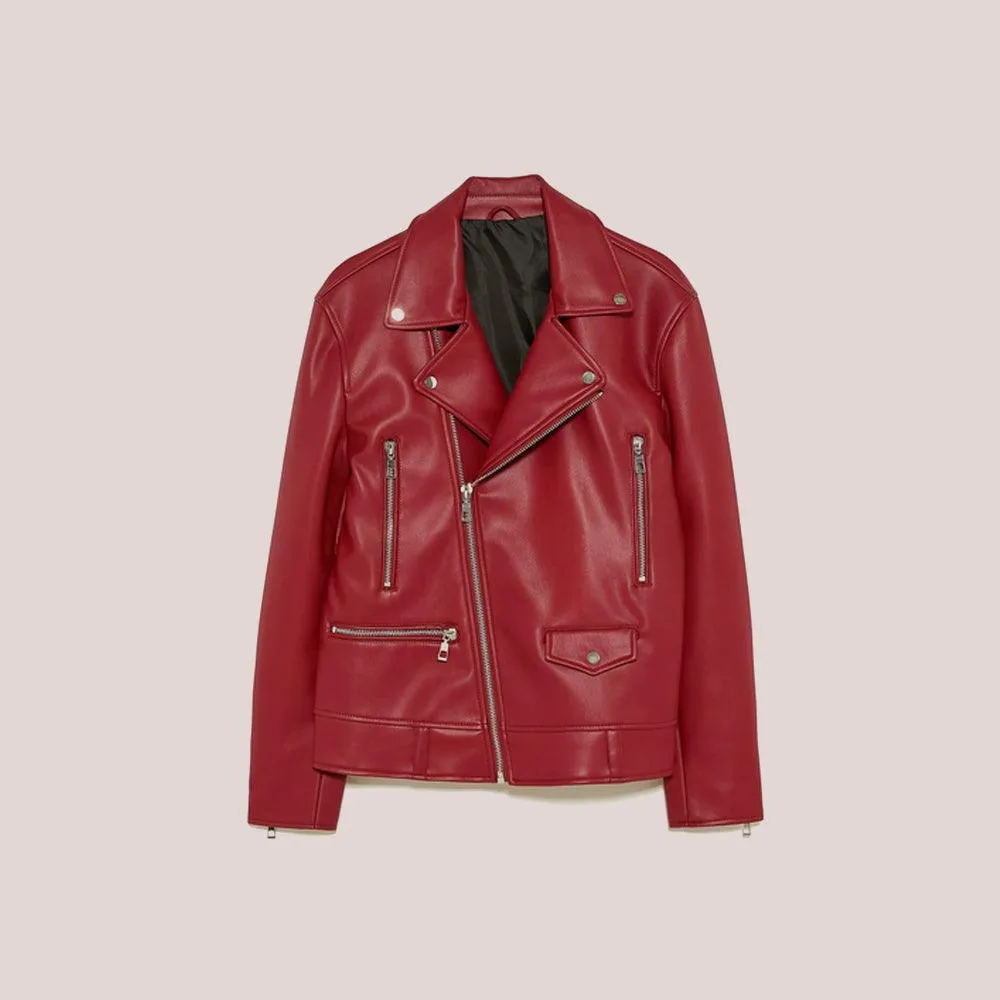 Women's Utility Red Leather Biker Jacket