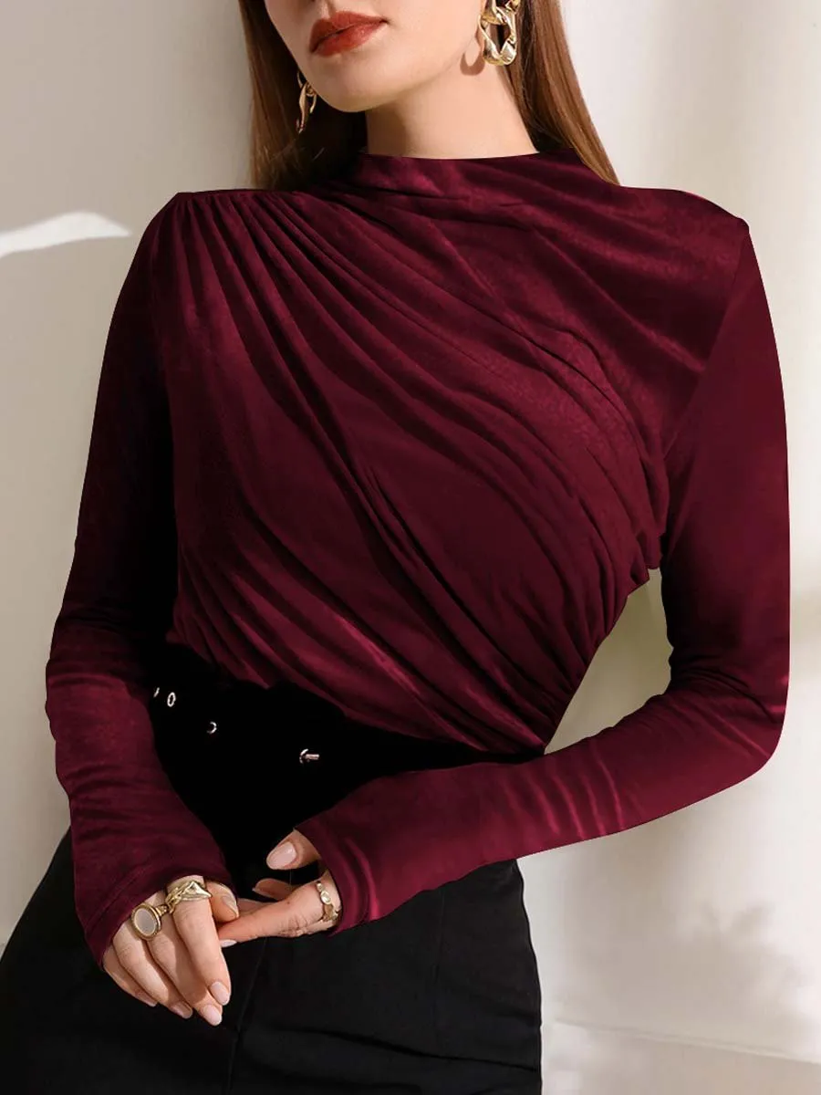 Women's Velvet Pleated Long-sleeved T-Shirt