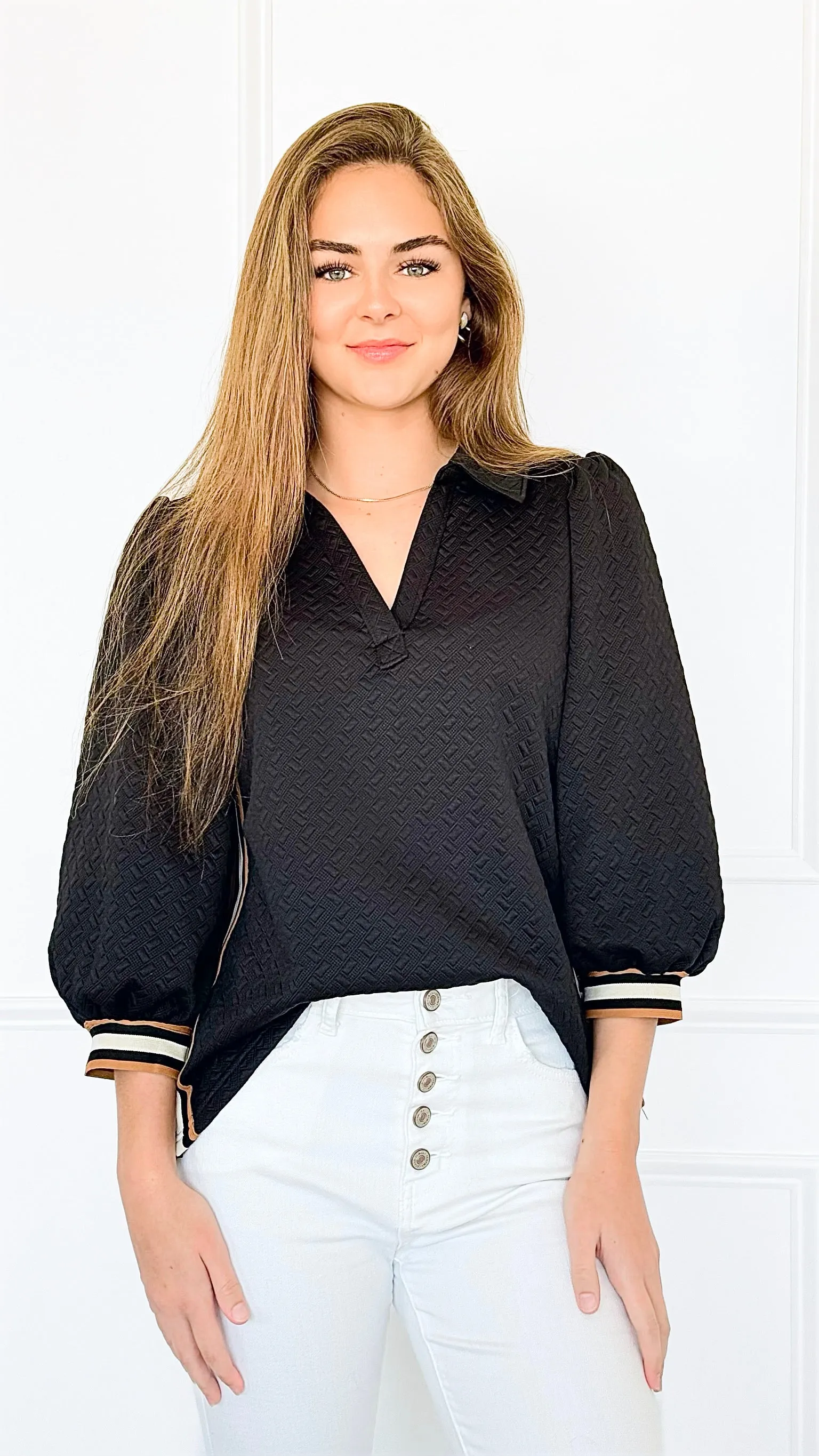 Zip It Charm Textured Blouse-Black