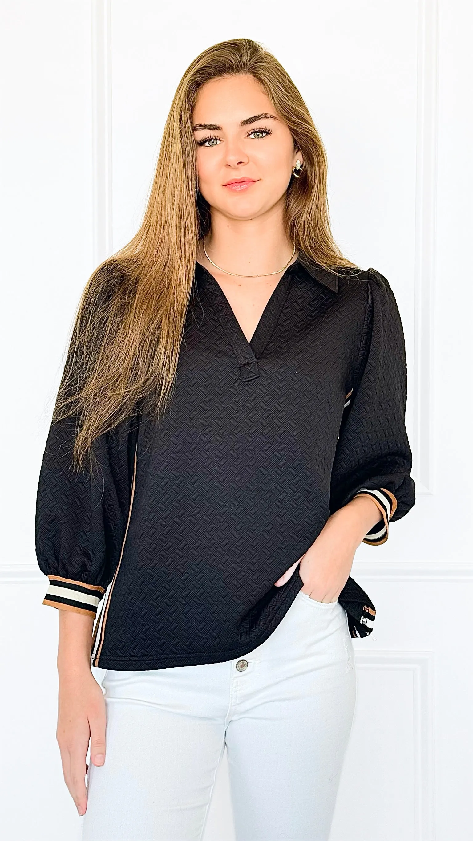 Zip It Charm Textured Blouse-Black