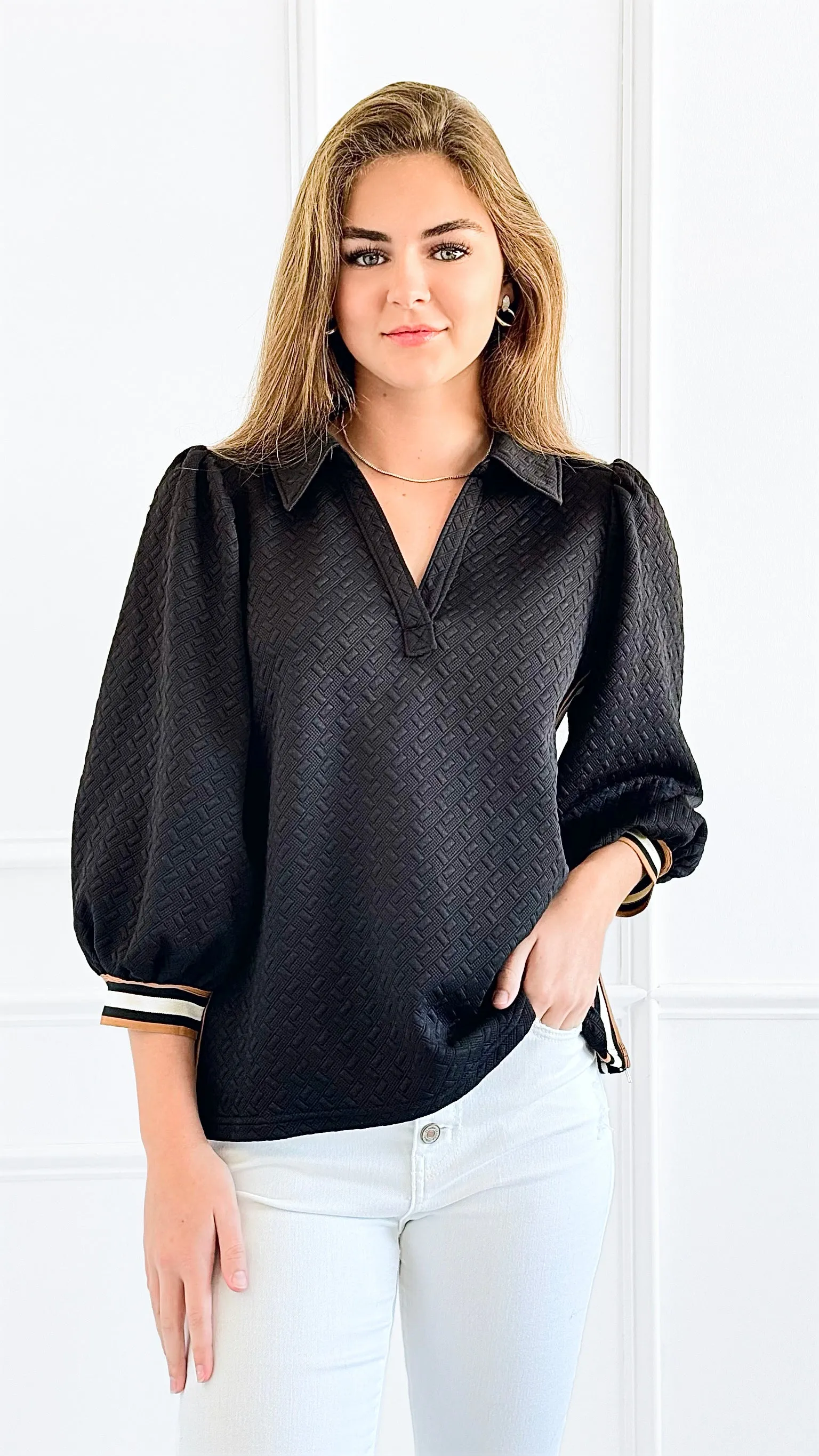 Zip It Charm Textured Blouse-Black